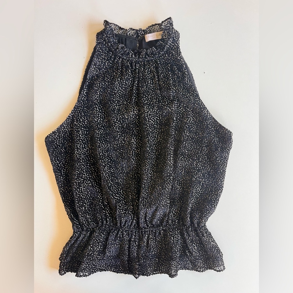 Ramy Brook Bobbi Top Sleeveless Size Small Black Silk Dots Ruffle Peplum Dressy